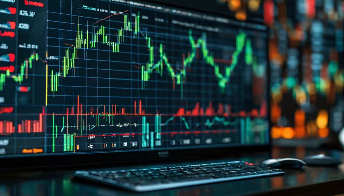 Биржевой экран с ростом котировок акций, зелёные свечи на графике
