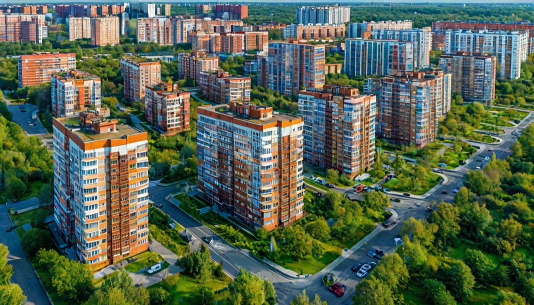Современный жилой микрорайон с многоквартирными домами разного типа, вид сверху