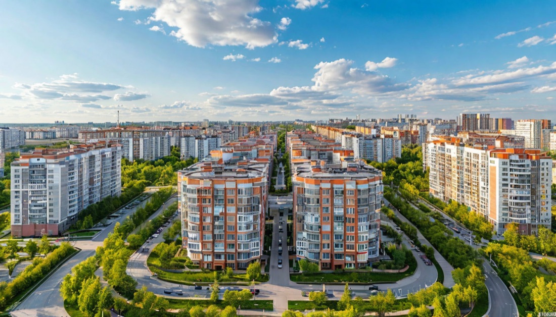 Панорама современного жилого района с новостройками