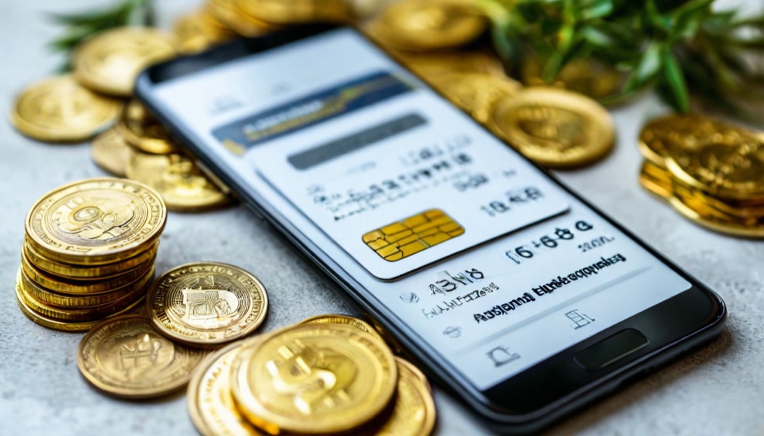Смартфон с банковским приложением, карта и стопки золотистых монет